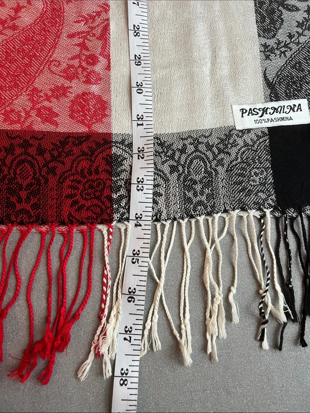 pashmina | Black, White, Red & Green Paisley Patch Scarf Wrap Sz 76” L x 27” W